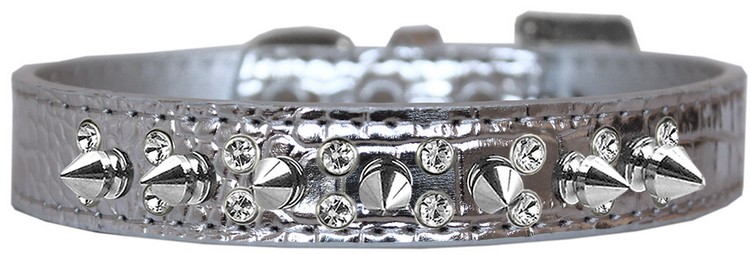 Double Crystal and Spike Croc Dog Collar Silver Size 14